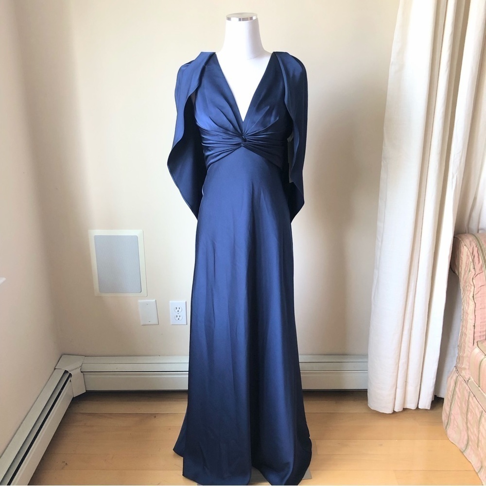 Nwt Aidan Mattox Blue Satin Fit & Flare With Cape 2